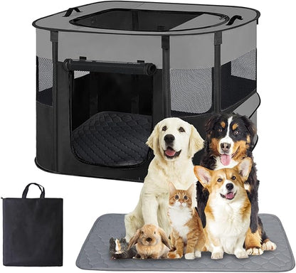 Large Dog Cat Playpen Crate with Waterproof Pad,Portable Collapsible Pet Dog Cat Kennel Cage Tent,Suitable for Indoor Outdoor Travel Camping,Water-Resistant Breathable Shade Cover (Grey L)