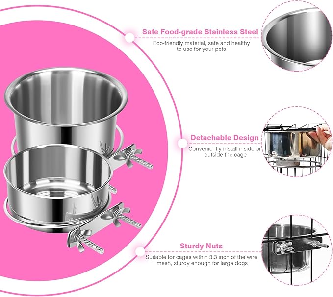 2 Pcs Small Pet Dog Food Water Bowl for Cage Stainless Steel Non-Spill Kennel Hanging Cats Pets Bowls with Clamp Holder Crate Feeder Dish for Small Dogs Pets (5.1x2.9'' & 4.7x1.9'')
