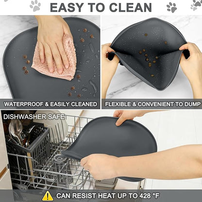 SMILOOL Small Silicone Pet Food Mat with Raised Edge for Food and Water Bowl, Square Dog Feeding Mats, Cat Food Trays for Floor Waterproof, Rubber Tray for Dogs and Cats, 12 x 12 x 0.7 Dark Grey