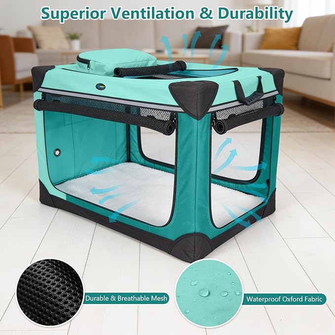 Ownpets Collapsible Dog Crate, 42 inch Portable Travel Dog Crate for Large Dogs, 4-Door Foldable Pet Kennel with Durable Mesh Windows & Soft Mat