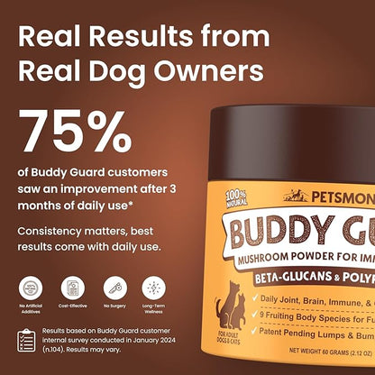 Petsmont Buddy Guard for Lumps and Bumps, Lipoma for Dogs & Cats, Patent Pending Organic 9 Mushroom Powder Blend Natural Dog Probiotic & Immune Support Chaga, Reishi, Lion's Mane, Turkey Tail Mushroom