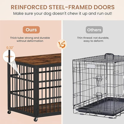 Aoowow Dog Crate Furniture for Small Medium Dogs, 43.3" Dog Kennel Indoor End Table with Side Doors, Iron Heavy Duty Dog Cage with Wheels, Rustic Brown
