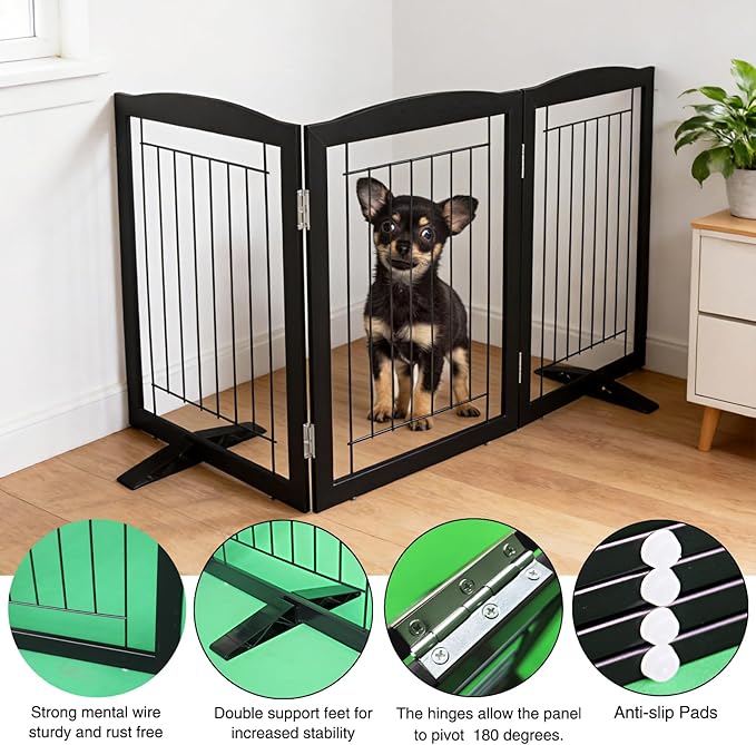 ZJSF Freestanding Dog Fence Indoor, Foldable Dog Gate for Doorways, Stairs or Hallways, Sturdy Wood Extra Wide Pet Gate with Support Feet for The House, Black, 32 "Height-3 Panels