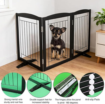 ZJSF Freestanding Dog Fence Indoor, Foldable Dog Gate for Doorways, Stairs or Hallways, Sturdy Wood Extra Wide Pet Gate with Support Feet for The House, Black, 32 "Height-3 Panels