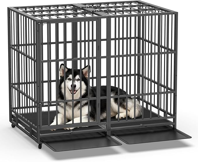 Hiwokk 54 Inch Heavy Duty Dog Crate, Indestructible Escape-Proof Dog Kennel for High Anxiety Large Dogs, Strong Metal Pet Cage with Double Doors, Lockable Wheels & Removable Tray, XL XXL XXXL