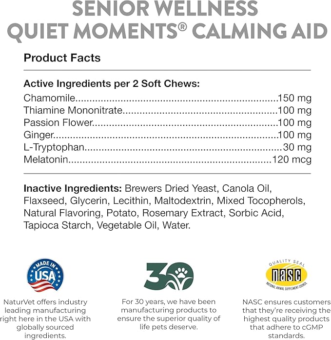 NaturVet Quiet Moments Calming Aid Dog Supplement, Helps Promote Relaxation, Reduce Stress, Storm Anxiety, Motion Sickness for Dogs (Quiet Moments Senior Wellness, 65 Soft Chews)