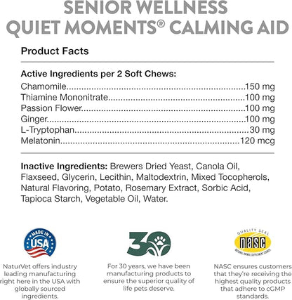 NaturVet Quiet Moments Calming Aid Dog Supplement, Helps Promote Relaxation, Reduce Stress, Storm Anxiety, Motion Sickness for Dogs (Quiet Moments Senior Wellness, 65 Soft Chews)