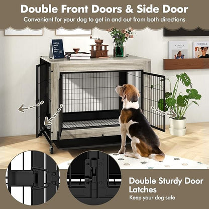 Giantex Dog Crate Furniture with Wheels, 38" Modern Dog Cage with 3 Doors, Flip Top Lid, Removable Pull-Out Tray, Decorative Dog Kennel Indoor Pet House End Table for Medium & Large Dogs (Oak Gray)