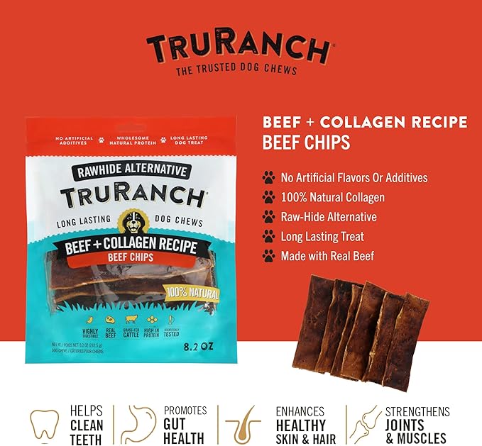 TRURANCH Collagen Chips - Collagen Dog Treats - Long Lasting Healthy Joint Support - Rawhide Alternative Chips - Skin & Coat Health - Made with Real Beef, Value Pack, 3 Bags, 1.5 lbs