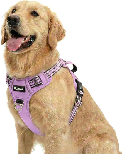 Funfox Dog Harness No Pull, Adjustable Pet Vest Harness, Super Soft Material with Vertical Handle Easy Control, Reflective Night Walking, 2 Leash Clips for Large Dogs, Purple, L