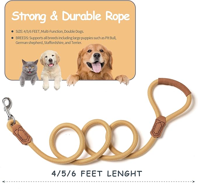 Mile High Life | Premium Leather Handle Dog Leash | Strong Rope Leash | Zinc Alloy Strong Clasp | Small Medium Large Dogs | 4/5/6 Feet(Yellow, 48 Inch (Pack of 1))