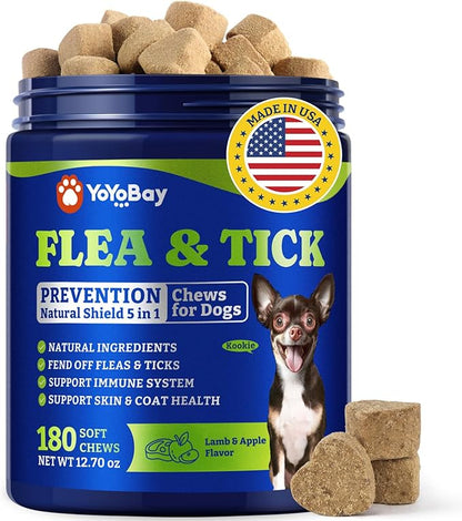 Flea & Tick Prevention for Dogs Chewables, YoYoBay Natural Dog Fleas and Ticks Control Supplement, Dogs Supplement, Natural Shield 5-in-1 Protection, Lamb & Apple Flavor, 180 Soft Chews