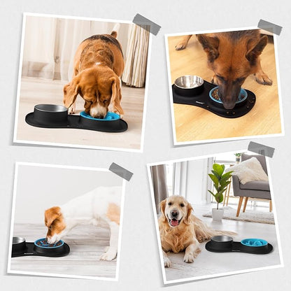 MateeyLife Dog Food and Water Bowl Set 3 in 1, Slow Feeder Dog Bowls & Stainless Steel Water Bowl with Non-Spill Silicone Mat, Cat and Puppy Bowls Pet Dishes for Small Medium Large Breed Anti-Choking
