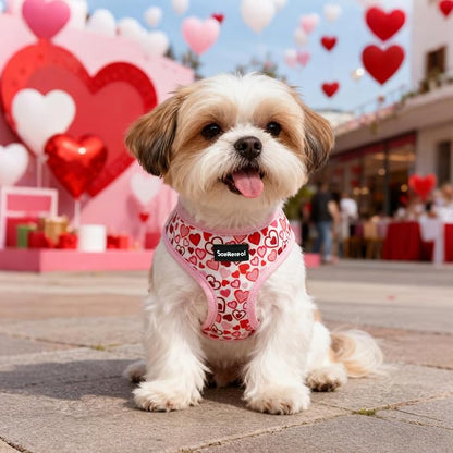 SCENEREAL Valentines Dog Harness Collar and Leash Set for Small Dogs, Soft Mesh Harnesses，Pet Vest for Outdoor Walking Training and Running, XS