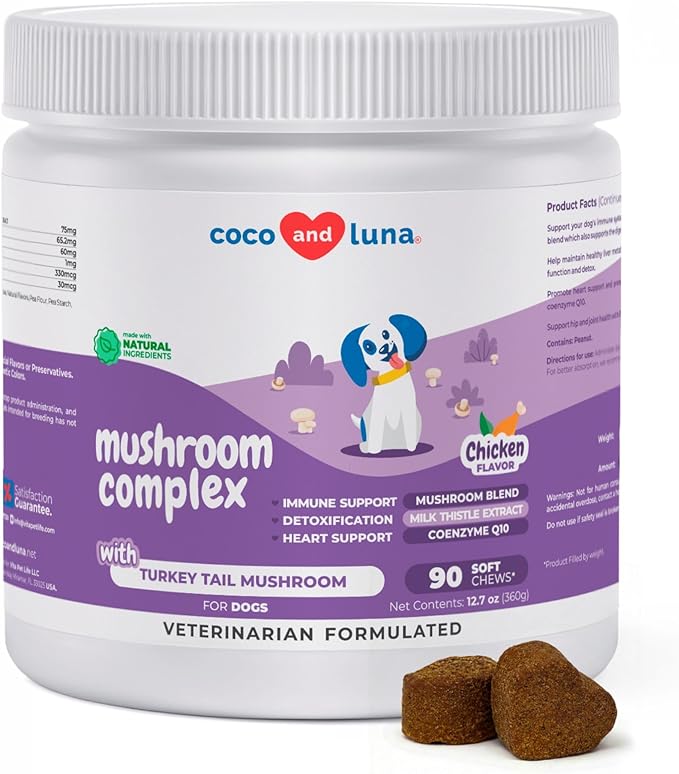 Turkey Tail Mushroom for Dogs - Mushroom Complex for Lumps and Bumps - Reishi, Cordyceps, Lion's Mane, Turkey Tail, Maitake and Shitake with Vitamins, Milk Thistle, Selenium and Coenzyme Q10.