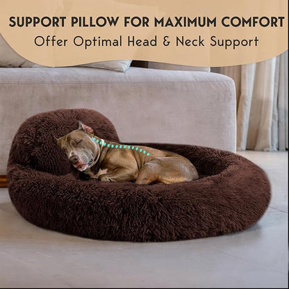 PetJett Dog Beds Large Sized Dog - 36'' Calming Round Bed, Anti-Slip & Washable Super Soft Donut Bed, Fluffy Faux Fur Anti-Anxiety Premium Comfort Pet Bed, Fits Dogs up to 80 lbs - Brown