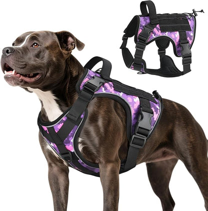 VavoPaw Heavy Duty Tactical Dog Harness for Large Dogs, No Pull Adjustable Pet Harness Reflective Service Training Easy Control Pet Vest Military K9 Working Dog Harnesses, Purple Camouflage, M