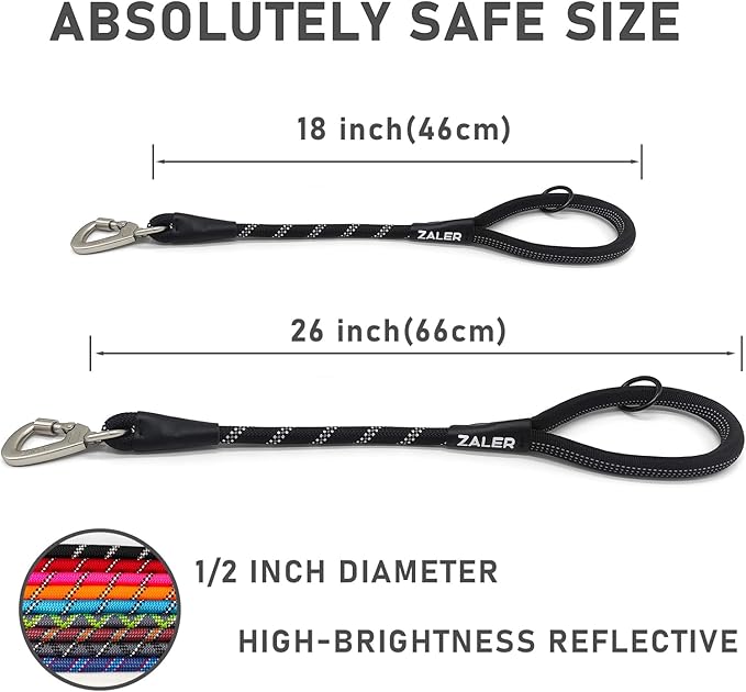 ZALER Short Dog Leash, 18 Inches Rope Traffic Leashes for Dogs, Reflective Dog Lead with O-Ring, Heavy Duty Pet Leash for Large and Medium Dogs (18'' Black)
