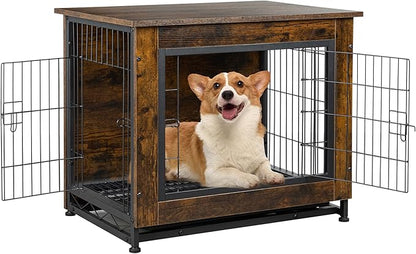 Shintenchi Dog Crate Furniture, Double-Doors Kennel Indoor with Removable Tray, End Table Dog House for Small Medium Breed, 32.5" L, Brown