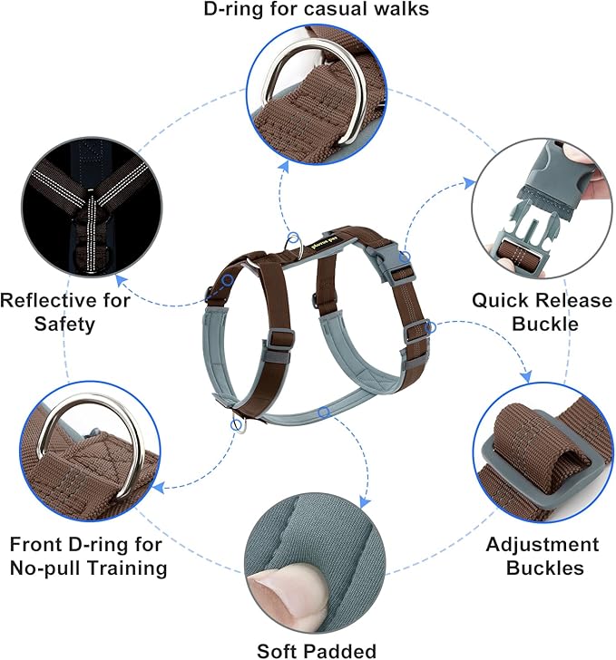 Plutus Pet No Pull Dog Harness, Adjustable Nylon Harness with Soft Padding, Reflective and Heavy Duty Dog Harness for Small, Medium, Large Dogs(Chocolate, L)