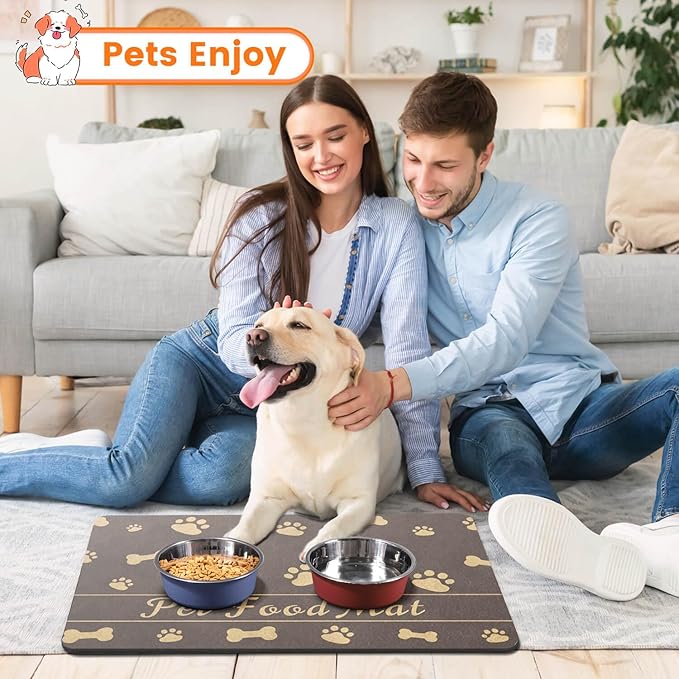 Pet Feeding Mat-Absorbent Pet Placemat for Food and Water Bowl, with Waterproof Rubber Backing, Quick Dry Water Dispenser Mat for Dog and Cat (20"x12", Brown)