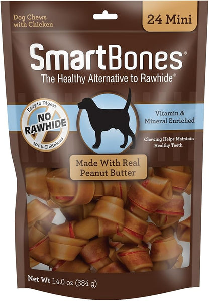 SmartBones Mini Chews With Real Peanut Butter 24 Count, Rawhide-Free Chews For Dogs (Packaging May Vary)