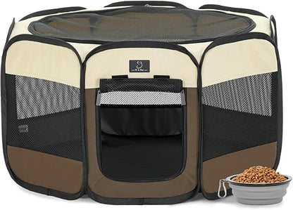 Dog Playpen for Small Dogs & Puppies, 29.92" Portable Indoor Outdoor Puppy Playpen with Bowl, Waterproof Floor, Foldable Pop-Up Pet Pen for Home, Travel & Daily Use, Brown+Beige