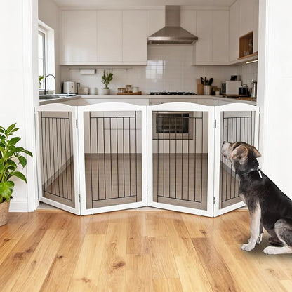 ZJSF Freestanding Foldable Dog Gate - Extra Wide White Puppy Gate for Stairs & Doorways - Tall 4 Panels Wooden Pet Fence