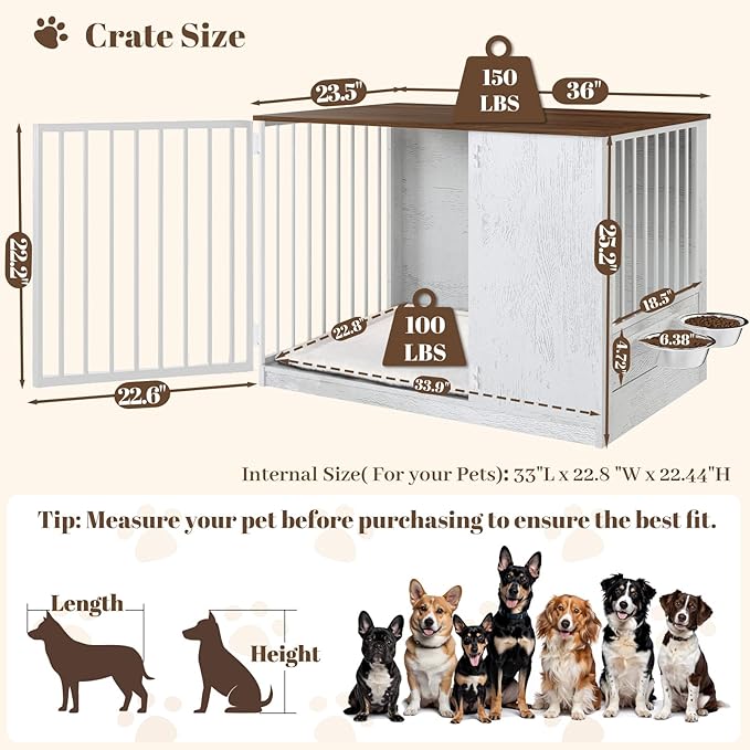 TBWIND Dog Crate Furniture for Large Dogs, 36" Indoor Wooden Dog Kennel with 270° Swivel Door & 360° Rotating Feeder, Decorative Heavy Duty Dog House with Double Locks & Bowls, White