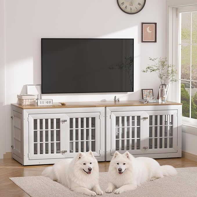 Snuowu 42" Heavy Duty Dog Crate Furniture for Small,Medium and Large Dogs,Rustic Wooden Dog Cage Kennel Indoor Furniture with Waterproof Top,Decorative Pet House Side End Table (White & Wood)