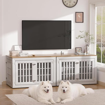Snuowu 42" Heavy Duty Dog Crate Furniture for Small,Medium and Large Dogs,Rustic Wooden Dog Cage Kennel Indoor Furniture with Waterproof Top,Decorative Pet House Side End Table (White & Wood)