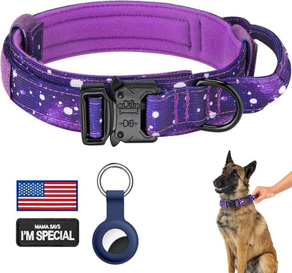 DAGANXI Tactical Dog Collar, Adjustable Military Training Nylon Dog Collar with Control Handle and Heavy Metal Buckle for Medium and Large Dogs, with Patches and Airtags Case (L, Purple Sky)