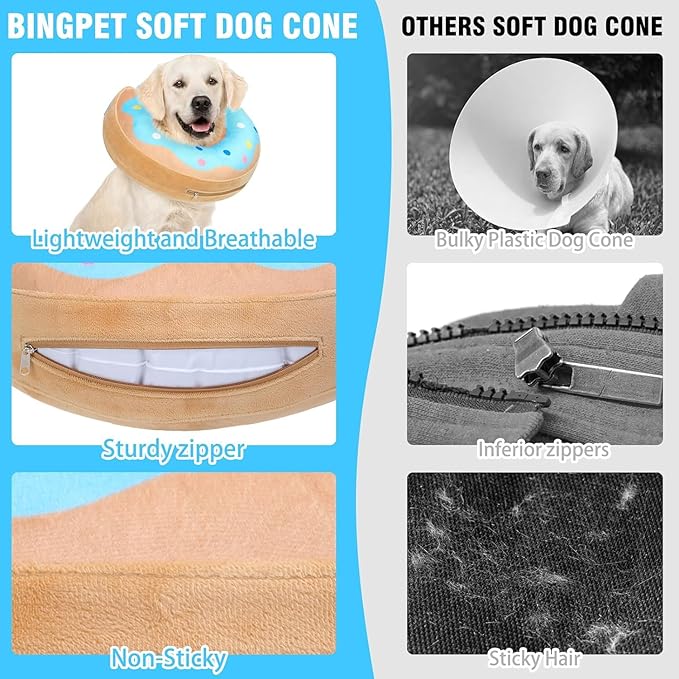 BINGPET Protective Dog Cone Collar,Soft Recovery Pet Cone for Dogs Cats,Washable Protective Recovery Collar for Large Medium Small Dogs,Inflatable Dog Cone