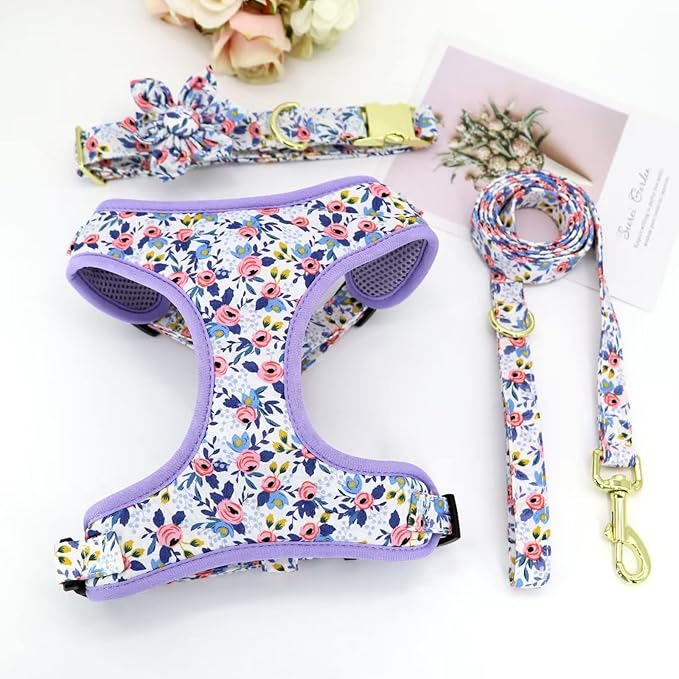 Beirui Cute Girl Dog Collars, Harnesses & Leashes Set - Adjustable Dog Collar and Leash Set with Flower - Soft Mesh Dog Vest Harness for Puppies Small Medium Dogs (Blue,M)