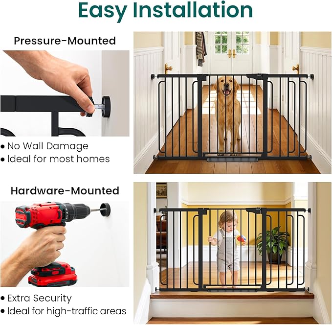 Cumbor 30.4-56.8" Extra Wide Baby Gate for Stairs, Dual Lock & Self-Closing Dog Gate Indoor, Easy Install Pet Gate for Doorways & Wide Openings, Easy Walk Thru Safety Proofing for Babies & Pets, Black