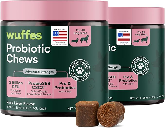 Wuffes Daily Probiotic for Dogs - Supports Digestive Health, Gut Balance, and Immune System - with Prebiotics, Marshmallow Root, and Pumpkin Powder (120 Chews (Pack of 2))