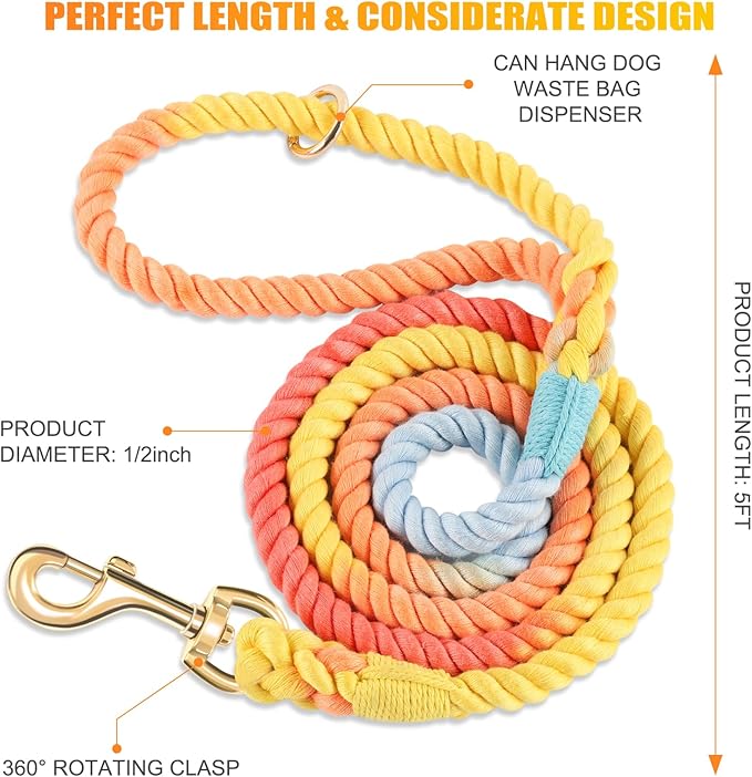 Dog Leash 5 FT Handmade Braided Cotton Rope Leashes for Small Medium and Large Dogs, New Golden Heavy Duty Metal Clasp, Colorful Rainbow