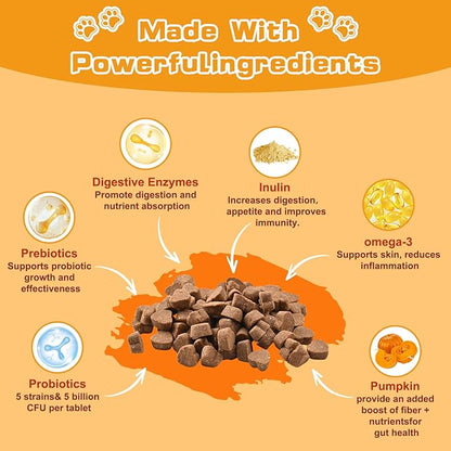 Probiotics for Dogs & Cats, with Prebiotics, Digestive Enzymes,Inulin, Pumpkin for Digestive, Gut, Skin & lmmune Health, Reduce Diarrhea & Gas, Small and Large Dog & Cats, 120 Chews