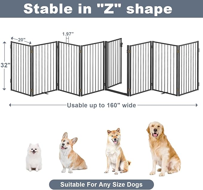 Metal Freestanding Dog Gates with Door for Outdoor Indoor,160'' Extra Wide 32'' Tall Free Standing Dog Gate for Doorways,Large Openings,Deck,Yard,Porch,Foldable Pet Fence(Black,8 Panels)
