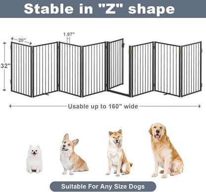 Metal Freestanding Dog Gates with Door for Outdoor Indoor,160'' Extra Wide 32'' Tall Free Standing Dog Gate for Doorways,Large Openings,Deck,Yard,Porch,Foldable Pet Fence(Black,8 Panels)
