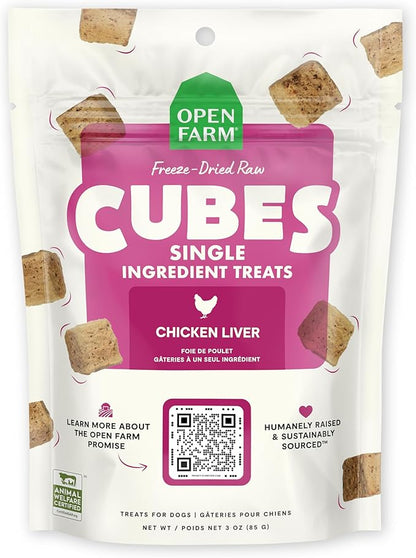 Open Farm Cubes, Freeze-Dried Raw, Single Ingredient Dog Treats, Chicken Liver, 3oz Pouch