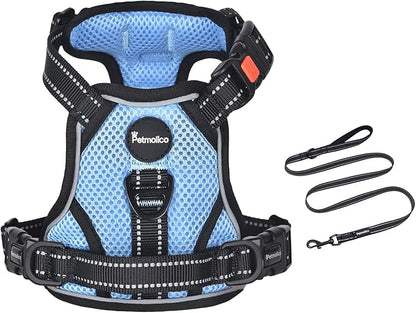 Petmolico No Pull Dog Harness and Leash Set, No Choke 4 Leash Attchments Easy Control Handle Soft Padded Reflective Vest Dog Harness for Medium Dog Breed, Sky Blue Medium