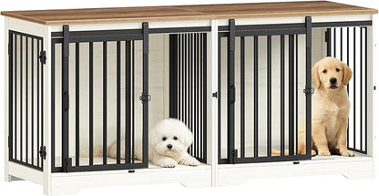 Hzuaneri 54" Dog Crate Furniture for 2 Dogs, Double Dog Cage with Divider, Wooden Heavy Duty Dogs Kennel, Pet Cage with Barn Door, TV Stand for Large Small Medium Pet, White Brown DFC88314B
