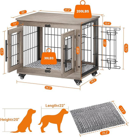 YaFiti Dog Crate Furniture with Cushion, Wooden Dog Kennel Indoor with Double Doors, Dog Cage with Wheels, Dog House Side End Table for Small Dogs up to 30 lb, 27.2" L, Grey