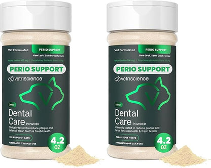 VetriScience Dental Care Powder,Perio Support Clinically Tested Dental Supplement for Small,Medium and Large Breed Dogs,Freshen Breath,Control Plaque and Tartar,Oral Health,4.2 oz,(Pack of 2)