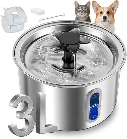 3L/101oz Stainless Steel Cat Water Fountain for Indoor Use - Ultra Quiet Automatic Cat Fountain for Drinking, BPA-Free Pet Water Dispenser for Cats/Small Dogs LED Window (2 Filters & 2 Sponges, Large)