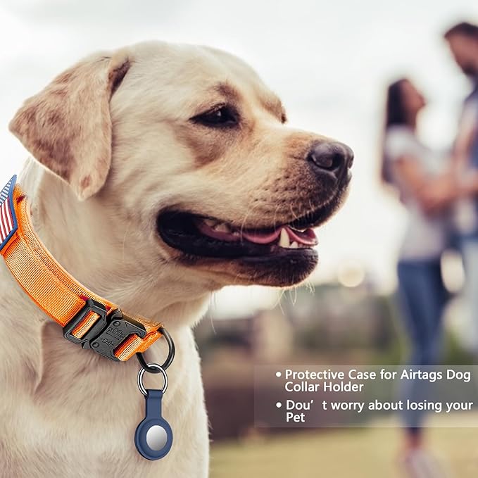 DAGANXI Tactical Dog Collar, Adjustable Military Training Nylon Dog Collar with Control Handle and Heavy Metal Buckle for Medium and Large Dogs, with Patches and Airtags Case (Orange-Set, L)