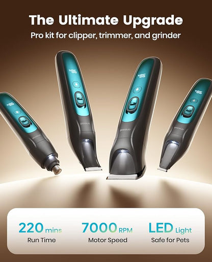 oneisall Professional Dog Grooming Kit at Home: All-in-One Quiet Clippers & Nail Grinder with LED Light, 2000mAh Cordless Dog Shaver, Safe Poodle Grooming Kit for Paws, Face, Ears & Body