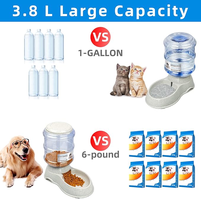 KORIMEFA 2 Pcs Dog Water Dispenser Food Feeder Automatic Cat Self Dispensing Waterer Feeder Set for Small Medium Pet 1 Gallon x 2 Large Capacity (Gray-1)