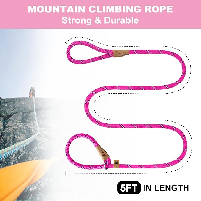 5 FT Slip Lead Dog Leash, Heavy Duty Rope Leash for Small Medium Large Dogs, No Pull Training Lead with Reflective Thread, Strong Comfortable Loop Leash (Pink Stripe, Medium(3/8"))